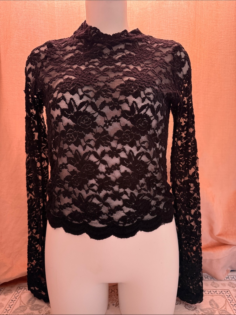 Black Floral Lace Long Sleeve Top high neck